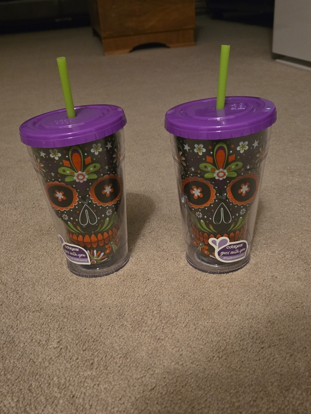 Two Day of the Dead Sugar Skull Double-Wall Tumbler with Straw - Purple Lid
